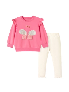 Pink girl's sweatshirt set with ruffle shoulders and textured knit leggings in white