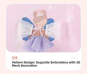 Détail de l'imprimé fille avec ailes en maille 3D et jupe en tulle violette sur robe