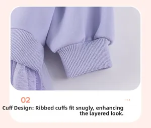 Detail of lavender ribbed cuffs and soft tulle fabric on long sleeve girl dress