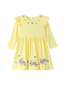 Robe jaune à manches longues pour filles avec pois blancs et broderie lapin colorée