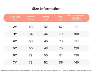 Detailed size chart for boys' cargo pants showing outseam and waist measurements for ages 2Y to 7Y