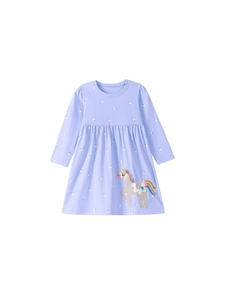 Abito lilla a maniche lunghe per bambina con stampa floreale e ricamo a unicorno