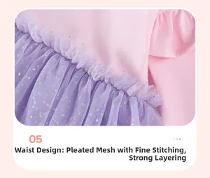 Détail de la taille d'une robe de bébé en coton rose avec couture en maille pailletée violette