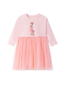 Robe rose manches longues fille avec motif lapin et jupe tutu en tulle bouffant