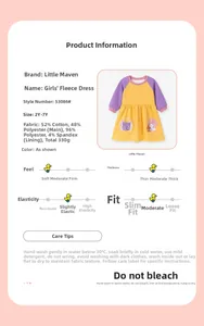 Detailtabelle für gelbes Kinderfleecekleid mit Stoffzusammensetzung und Pflegehinweisen