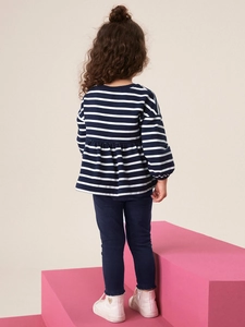 Girls' autumn stripe long sleeve top with ruffle hem and navy slim fit pants set