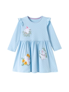 Toddler girl long sleeve cotton dress with white polka dots and rabbit embroidery