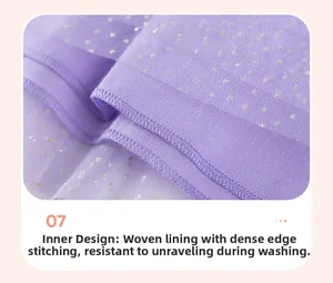 Détail de robe en tulle lavande avec paillettes dorées et couture de doublure tissée