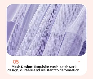 Detail view of purple multi-layered soft tulle fabric for little girls autumn dress