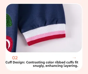 Dettaglio dei polsini in maglia blu scuro con ricami colorati e bordi a costine a righe