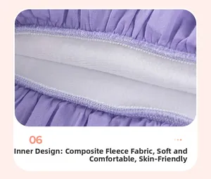 Detailed close-up of warm white fleece lining and soft purple pleated fabric on girls' dress
