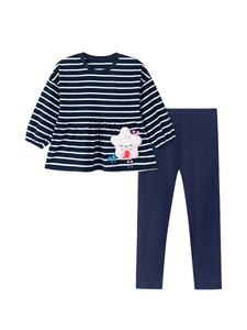 Navy striped long sleeve top with star patch and matching pants set for toddler girls