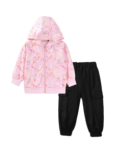 Zweiteiliges Set für Mädchen: Rosa Einhorn-Kapuzenjacke und schwarze Cargohose