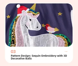 Detail der Einhorn-Paillettenstickerei mit Sternen und 3D-Bommel auf dunkelblauem Stoff