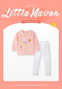 Detail of girl's pink sweatshirt with lace Peter Pan collar and cute mouse embroidery