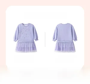 Detail showing front and back of long-sleeve lilac tulle dress with sequin star accents