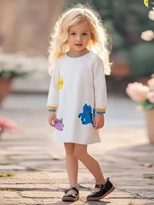 Robe Manches Longues en Coton pour Filles Broderie Chat de Dessin Animé Gris Décontracté Automne Col Rond Ligne A Enfants