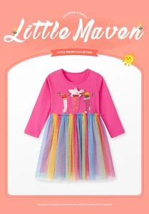 Detail of girls' long sleeve dress featuring rainbow tulle skirt and Christmas embroidery