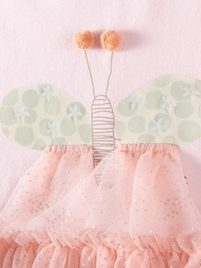 Robe rose pour fille avec broderie papillon 3D et détails en tulle pailleté argenté