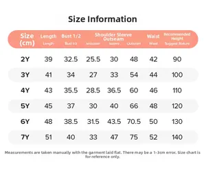 Detailed size guide table for girls' cartoon autumn clothing set from 2Y to 7Y ages