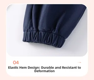 Close-up of elastic ribbed cuffs on navy blue cotton joggers for boys with durable stitching