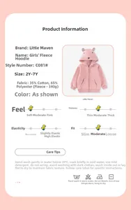 Detail view of pink fleece hoodie material showing fabric specs and cute ear hood design
