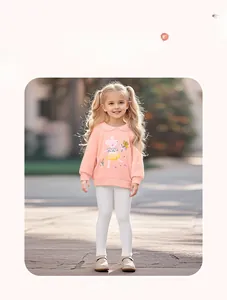 Girls pink sweatshirt with mouse print and lace collar paired with white slim trousers