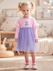Robe de Princesse en Tulle Patchwork Imprimé Fée Dessin Animé pour Petites Filles Manches Longues Volants Rose Violet