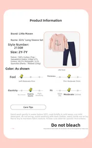 Infografik zum Baumwoll-Set für Mädchen mit Stoffdetails und Größentabelle für Kinder