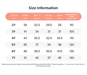 Detailed size chart for kids hooded sweatshirts showing lengths for ages 2Y to 7Y