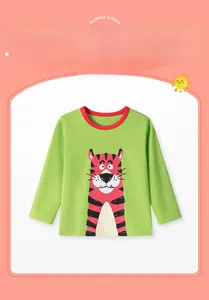 Detail of green long-sleeve cotton T-shirt with tiger print and red crew neckline