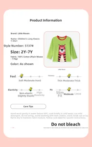 Detail view of cotton boy's long-sleeve tee with green tiger print and red collar