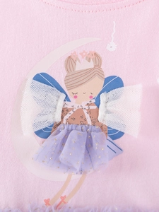Robe rose en maille pour fille avec motif fée et ailes en tulle 3D