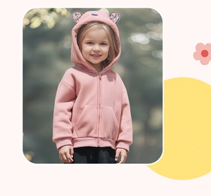 Detail of pink toddler hoodie featuring cute bear ears with floral lining on the hood
