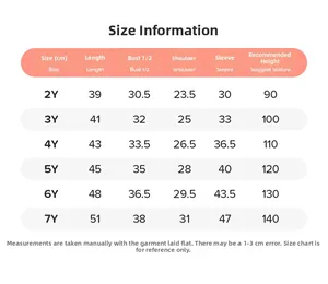 Size chart for boys cotton long sleeve t-shirt showing 2Y to 7Y measurements in cm