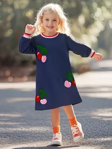 Abito da Bambina in Cotone a Maniche Lunghe Simpatico Ciliegio Ricamato Blu Navy Vestito da Principessa Polsini a Righe Casual Scuola