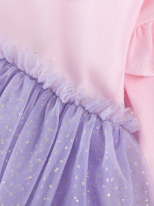 Robe rose en coton pour fille avec jupe en tulle violette et paillettes dorées brillantes