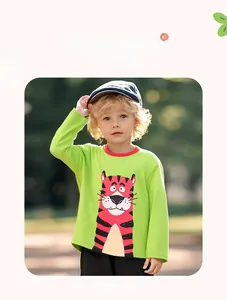 Outdoor shot of boys green cotton long sleeve t-shirt with cartoon tiger print