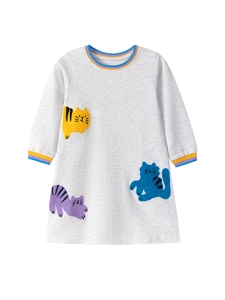 Robe tricotée grise à manches longues pour filles avec appliques chat et poignets rayés
