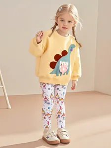 Ensemble Deux Pièces en Molleton Chaud pour Filles Sweat-shirt Jaune Pull-over à Manches Longues Applique Dinosaure de Dessin Animé et Pantalon Imprimé
