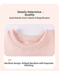 Detailed view of the ribbed neckline and double-needle stitching on a pink cotton sweatshirt