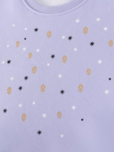 Lavender girls dress with gold floral and star prints, warm fleece-lined knit fabric