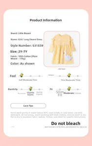 Size chart for yellow polka dot cotton dress with swan embroidery and washing guide