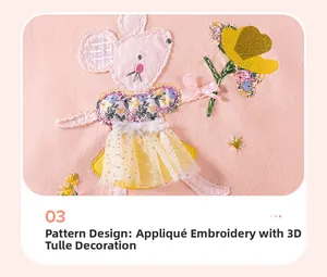 Detail of girl's pink knit top with 3D mesh skirt and mouse applique embroidery