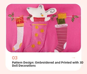 Detail of pink dress featuring embroidered Christmas stockings and 3D plush rabbit doll