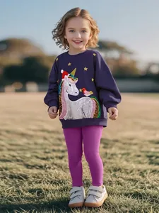 Mädchen 2-Teiliges Outfit-Set Langarm Marineblau Pailletten Einhorn Sweatshirt Lila Rippstrickhose Herbst Winter Kinderset