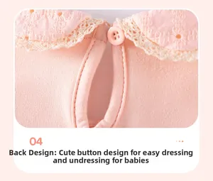 Detail of baby girl pink cotton top showing lace neckline and back button closure
