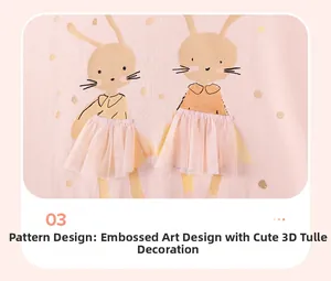 Detail of pink cotton fabric with cartoon bunny print and 3D mesh tutu skirt applique