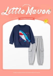 Detail of navy boy sweatshirt with shark embroidery and grey cargo jogger pants set