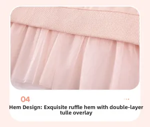 Detail of pink ribbed knit hem featuring double-layer soft tulle mesh for girls' outfit